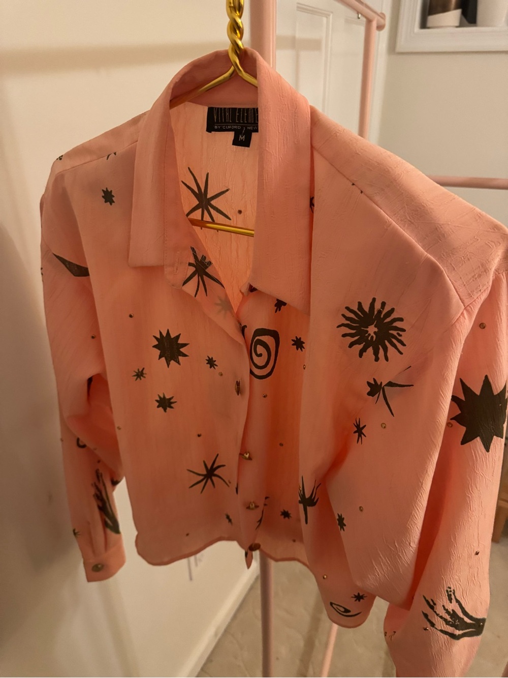 Vintage-Inspired Peach Print Button-Up Blouse